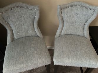Set of 2 Gray Upholstered Barstools – Nailhead Trim