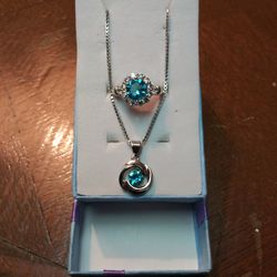 New .925 Sterling Silver Blue Topaz Ring Size 7 And Necklace 