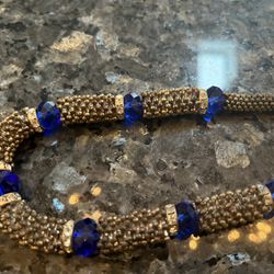 Vintage Silver Toned , Rhinestone and Blue Glass Beads 24 Inch Necklace 