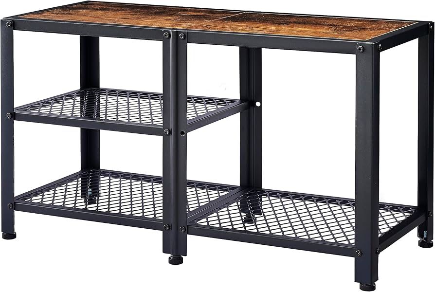 3-Tier Shoe Bench, Shoe Rack Shoe Organizer, 29" Wooden Shoe Bench for Front Door, Storage Entry Bench with Mesh Shelves Wood Seat, Hold Boot