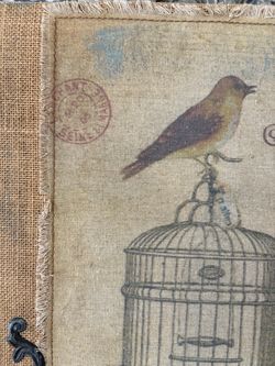 Vintage Bird and Birdcage Burlap Wall Art