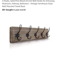 Weathered Rustic Coat Rack Wall Mount With 5 Hooks. Solid Pine Wood