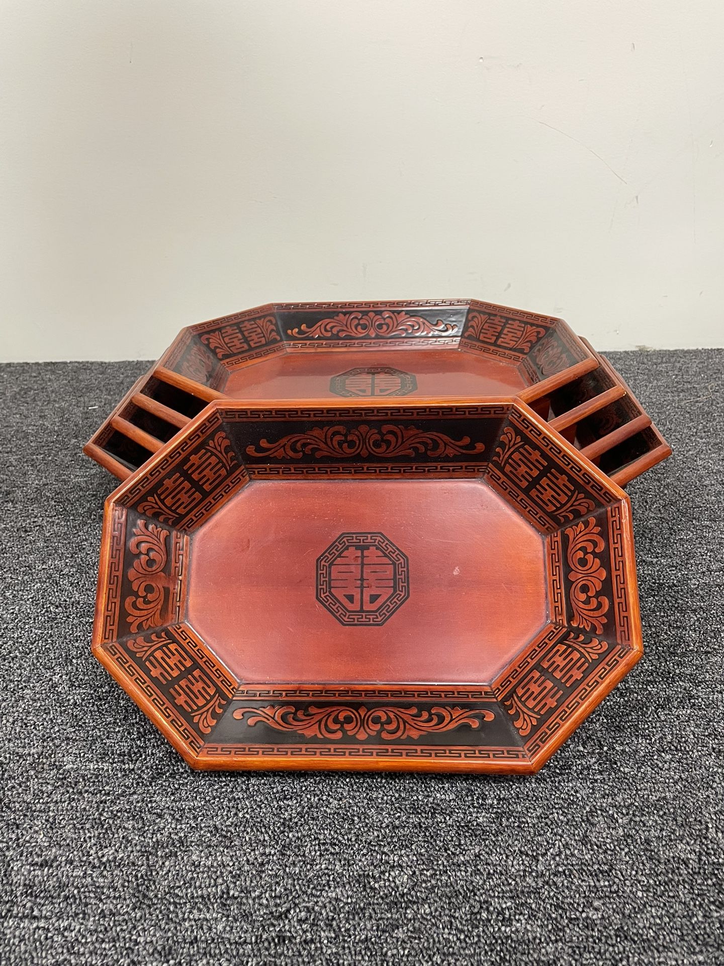Vtg ?? Wooden Lacquerware Serving Trays Bowls Stacking Set of 5 Octagonal