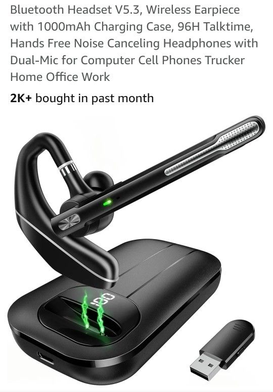 Bluetooth Headset V5.3, Wireless Earpiece with 1000mAh Charging Case, 96H Talktime, Hands Free Noise Canceling Headphones with Dual-Mic for Computer