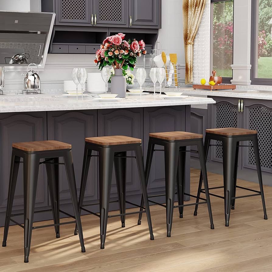 30 inch Bar Stools Set of 4 Stackable Bar Height Stool Backless Metal Barstools Matte Black Counter Stools Indoor for Kitchen & Island&Dining Chairs S