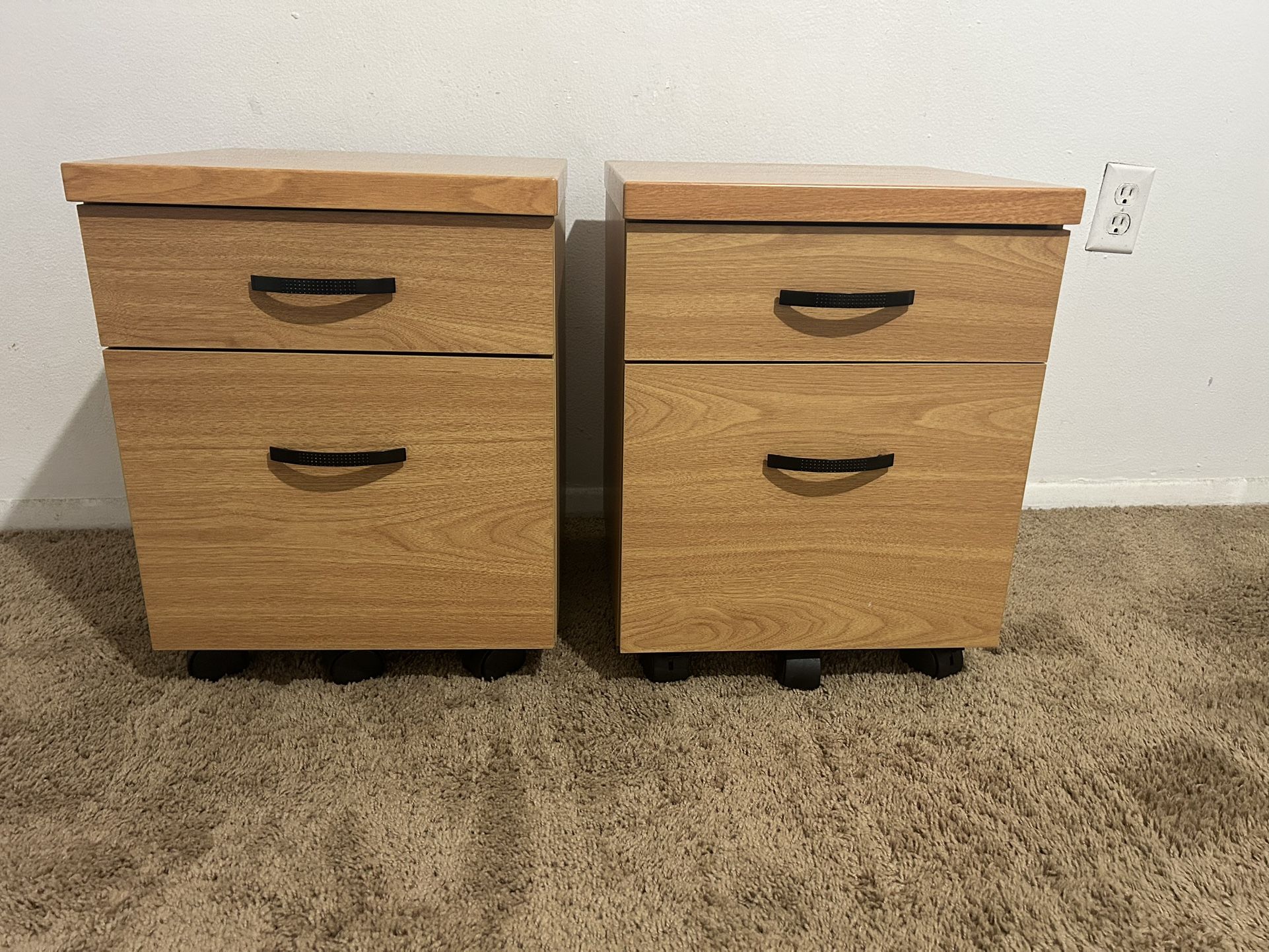 Two File Cabinet’s With Wheels, With Two Drawers, Wood Filing Cabinets