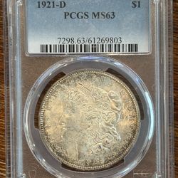 1921-D Morgan Silver Dollar PCGS MS63 – Light Toning, Denver Mint