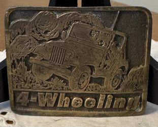 VTG 70's/80’s Brass Belt Buckle  Brass Jeep 4-Wheeling.
