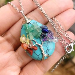 Turquoise Green Stone Tree Of Life Water-Drop Necklace Chakra Healing Amulet