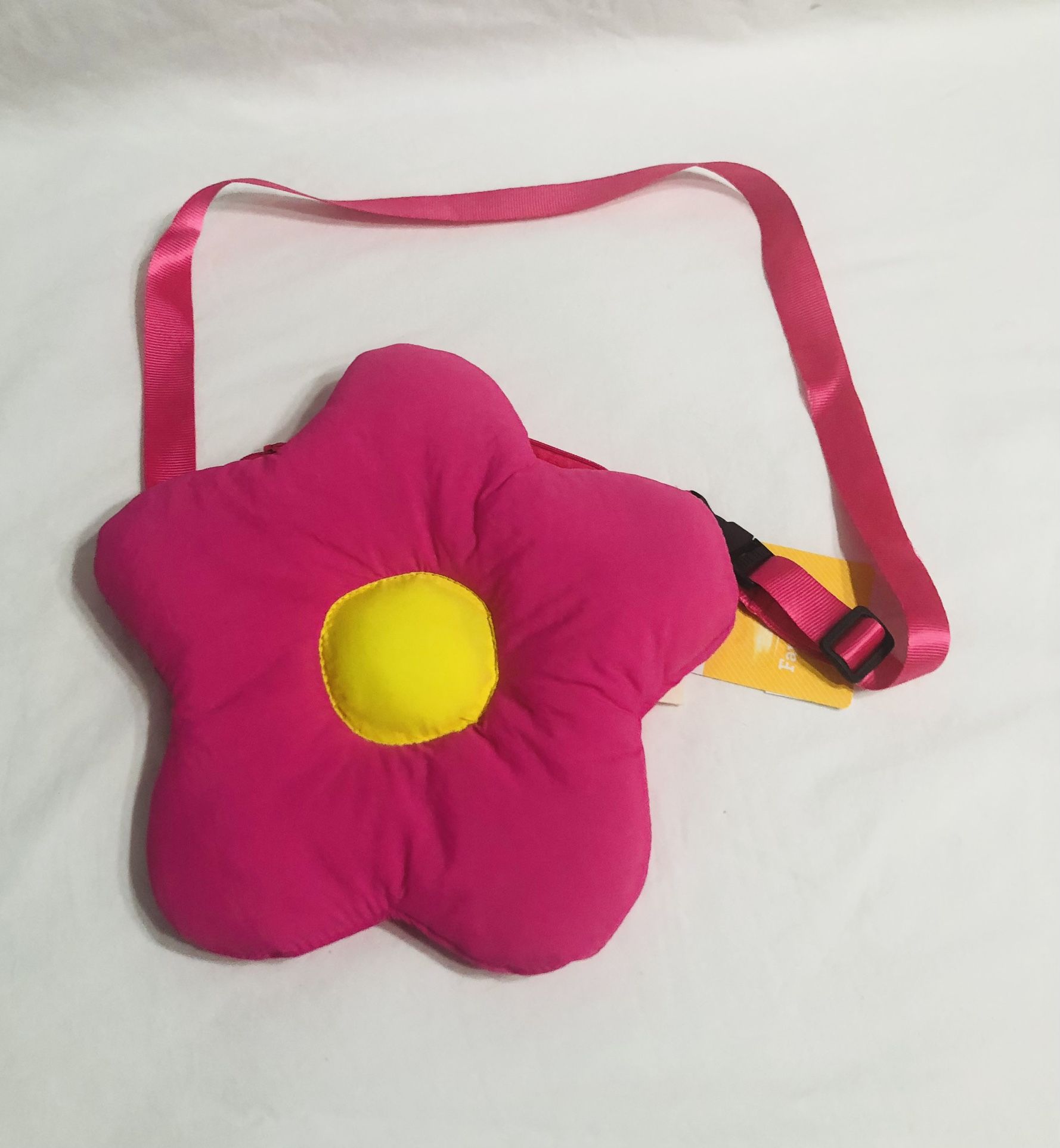 Pink puffy flower Fanny waist bag with a yellow center zipper closures pink