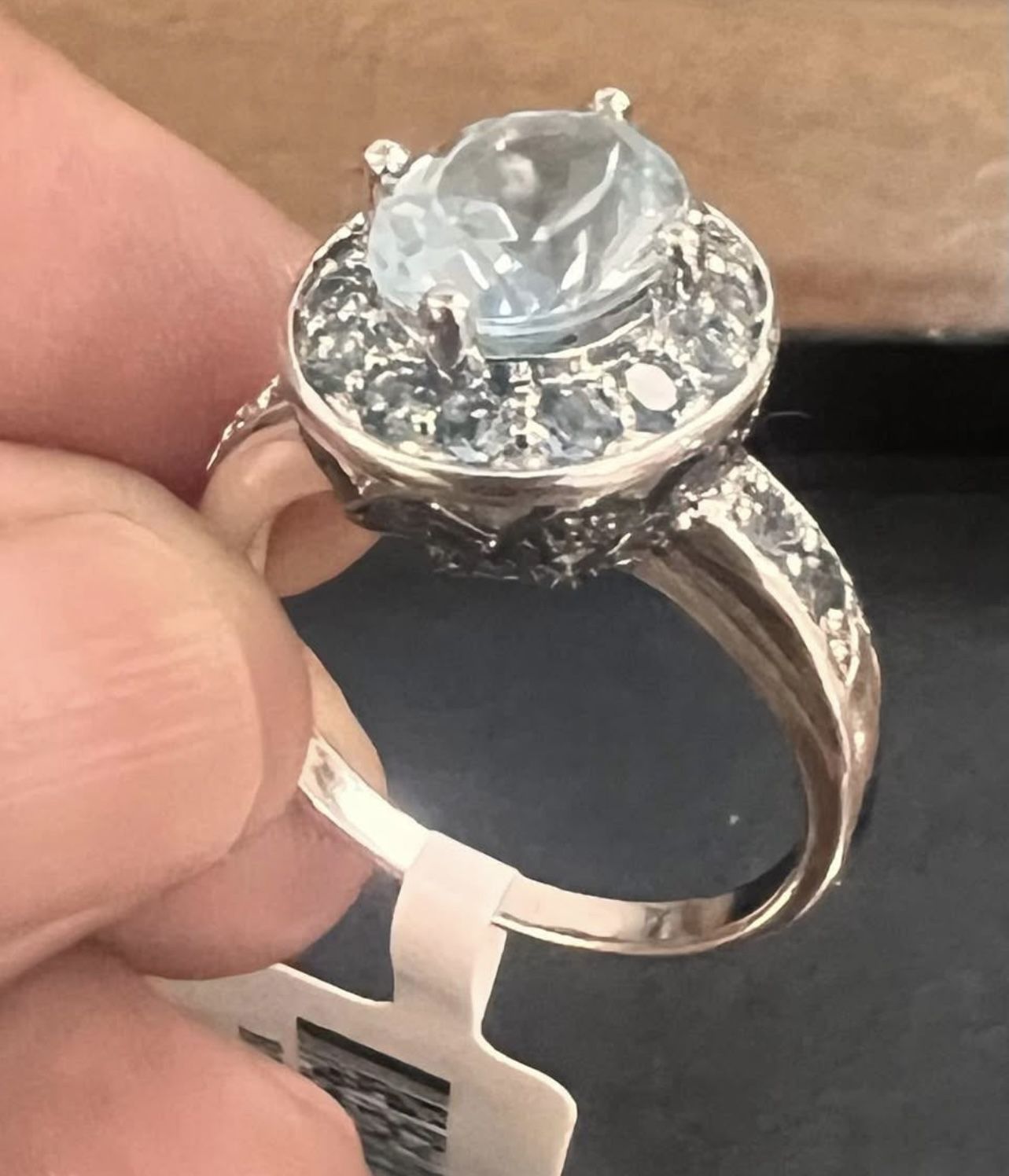 Sky Blue Topaz With Blue Diamond Sterling Silver Ring. Size 8.75