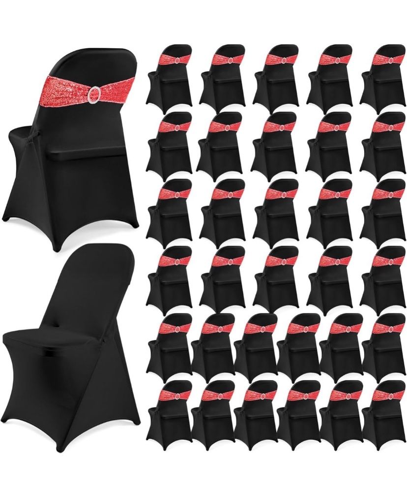 64 Pcs 32 Sets Folding Chair Cover Set Stretch Chair Slipcovers Spandex Elastic Chair Sashes Bows Removable Washable Chair Protector with Buckle Slide