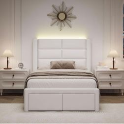 Twin Bed Frame with LED Lights, Modern Faux Leather Upholstered Bed Frame with Wooden Slats Support and Heavy Duty Mattress Foundation, No Box Spring