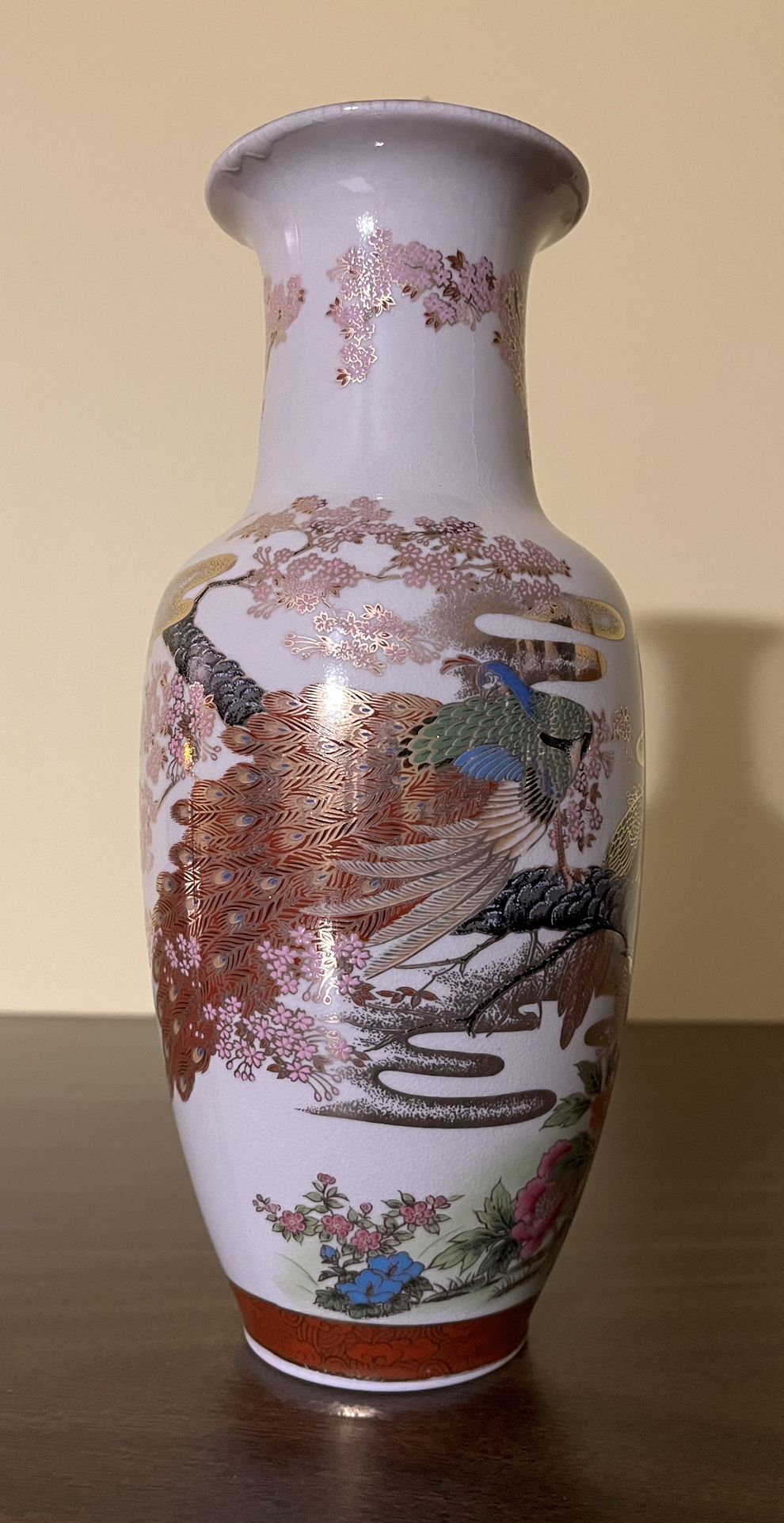 Vintage Japanese Satsuma-style Gilt Porcelain Vase Peacocks Cherry Blossoms 10”H