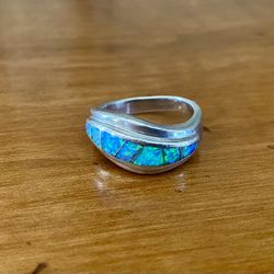 Southwestern Style Sterling Silver Inlaid Blue Opal Wave Ring size 6