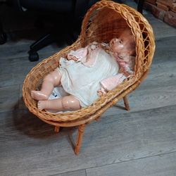 Vintage Doll & Cradle Bed.