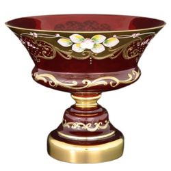 vintage Bohemian cranberry red flashed glass pedestal bowl, beautifully detailed with hand-painted enamel floral motifs