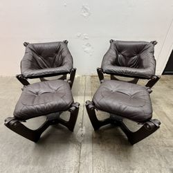 Brown Leather Luna Chairs + Ottomans 