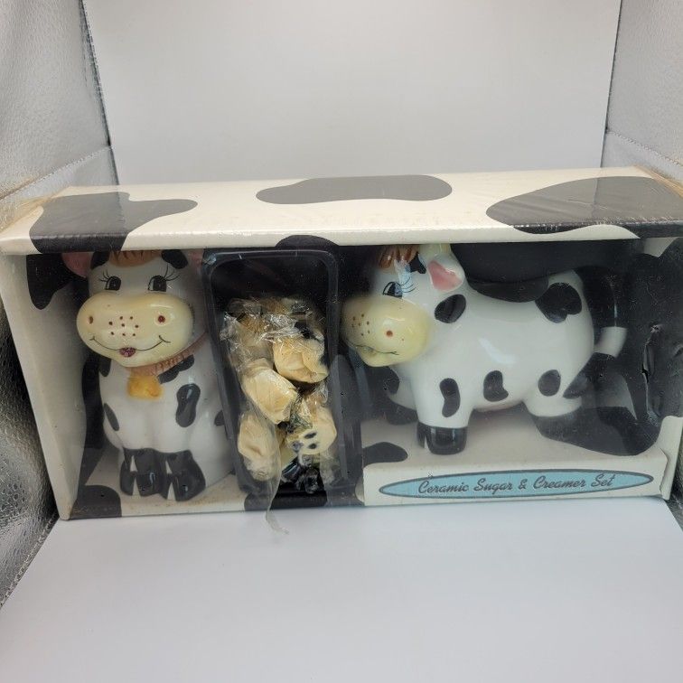 Vintage New Old Stock Ceramic Cow Sugar & Cream Set In Original Box