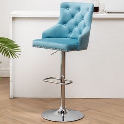 NEW Upholstered Dining Adjustable Seat, High Back Stool Bar Chairs Teal Blue Tufted
