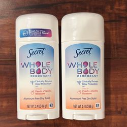 Secret WHOLE BODY ALUMINUM FREE Dry Solid Deodorant: Notes Of Peach + Vanilla Blossom Scent; 2.4 oz Each (2 For $18)