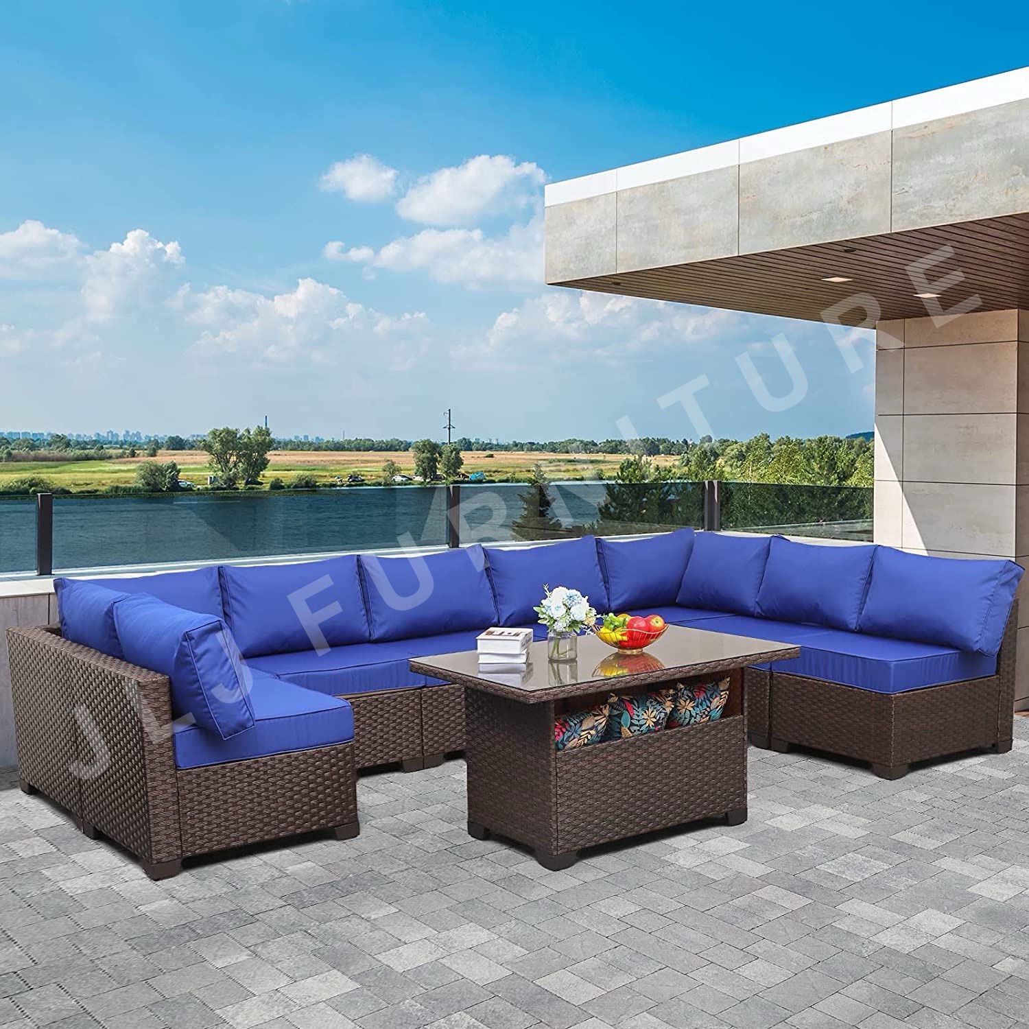 NEW🔥Outdoor Patio Furniture Brown Wicker Royal Blue 5" cushions 9 Pc Set with Cover ASSEMBLED
