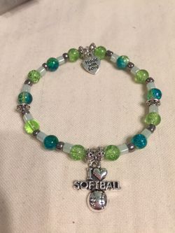 Handmade Stretch Bracelet with Glass Beads and Softball Charm (36)