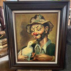 Vintage Clown Oil Painting Signed By Artist Ferrell Papic The Frame Is Dark Wood And Is 24 X 28 Inches The Painting Is 15 1/2 X 19 1/2 Inches 