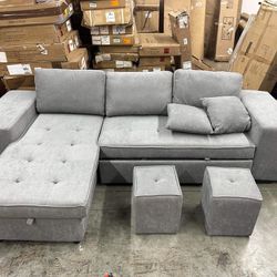 Sectional Sofa with Pull-Out Sleeper Sofa Bed, Reversible Sectional Sofa with Storage Chaise and 2 Stools, L Shaped Couch Set for Living Room Apartmen