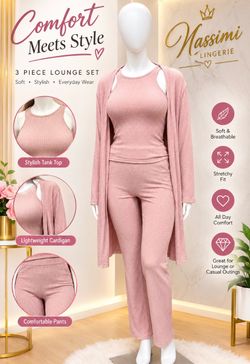 Comfort Meets Style! ✨ Discover our beautiful 3-piece women’s lounge set, featuring a stylish ribbed tank top, matching pants, and a lightweight cardi