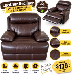 Large Dark Brown Leather Recliner – Comfortable & Excellent Condition