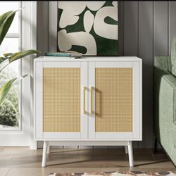 Buffet Sideboard with Storage, Kitchen Buffet Storage, White Rattan Cabinet with Doors for Hallway, Entryway, Living Room
