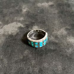 Sterling Silver 925 Synthetic Opal Stone 3/8" Band Ring Size 7.5-8 