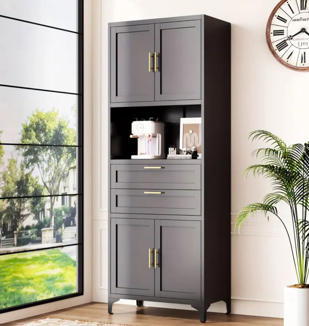 Brand new 75" Tall Metal Kitchen Pantry Cabinet with Open Countertop, 2 Adjustable Shelves