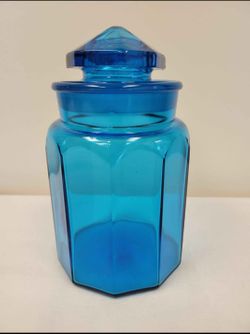 Vintage MCM L.E. Smith Blue 10 Panel Smooth Glass Canister Mid-century