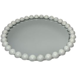 Round Wall Mirror 23.5” White Distressed Beaded Heavy Decorative Vanity Accent