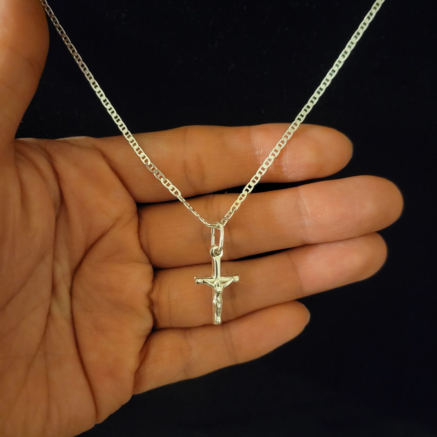 Italy 925 Solid Sterling Silver Dainty Necklace w/ Small Crucifix Charm for Women 18" Plata 925 Cadena & Crucifijo Para Dama