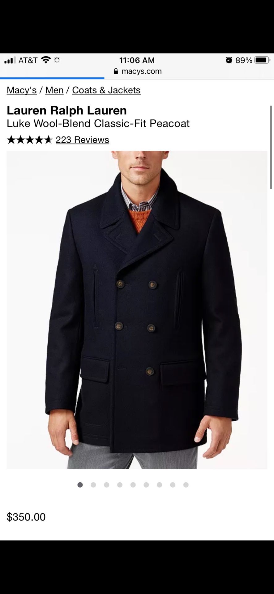 Navy Ralph Lauren Mens Peacoat 42R- Large.   Carhartt Patagonia Nike Adidas Jordan Sneakers Yankees Jets Giants Mets Weights Jerseys Jackets