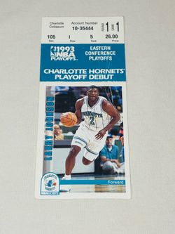 Charlotte Hornets 1st Playoff Game Ticket Stub with Larry Johnson card attached