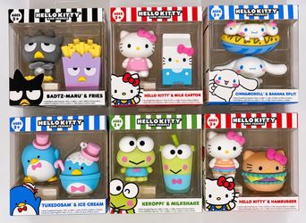 COMPLETE  SET OF SIX Sanrio Hello Kitty and Friends Flocked Food Figurine Sets