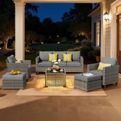 Harbin 7 Person Rattan Sofa Seating Group with Cushions with Coffee Table and Cover