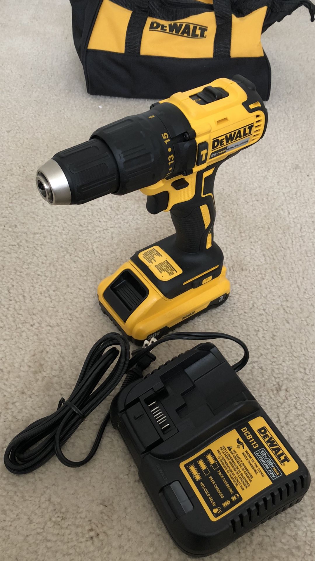 DeWalt 20-Volt Brushless Hammer Drill with Battery, Charger and Tool Bag