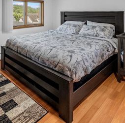 Dark Wood king Bedroom set with mattress and chest with mirror