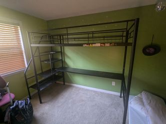 Metal Loft Bed with Desk and Shelves