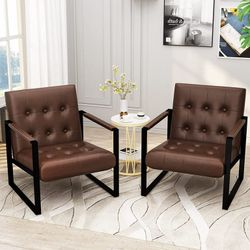 NEW TWO (2) Brown Mid-Century Modern Faux Leather Accent Armchair with Padded Armrests