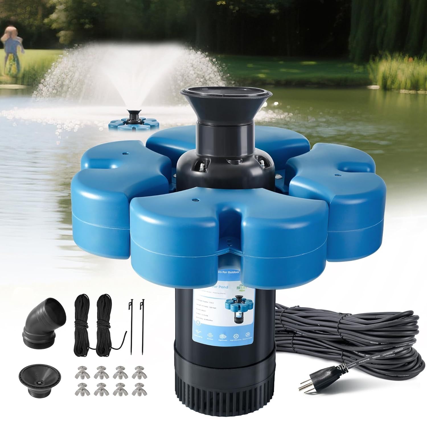 Pond Fountain Aerator, 1HP 110V 15000 GPH Fountain Pump, Fully Automatic Powerful Lake Floating Fountain, 15A/110V 100 FT Power Cord, 2x100 FT Tractio