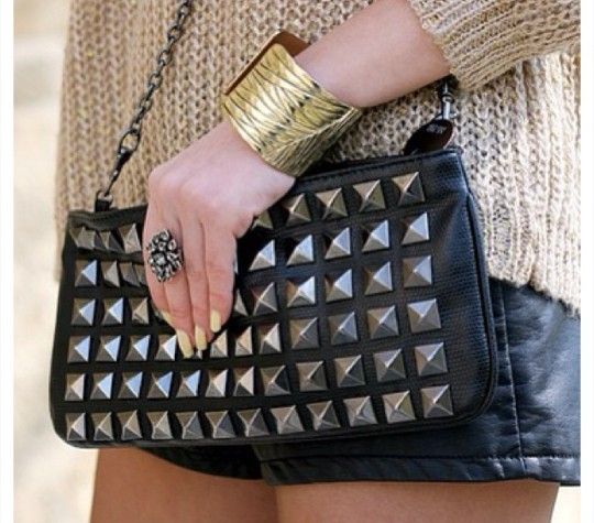 Metallic Metal Studded Black Leather Purse