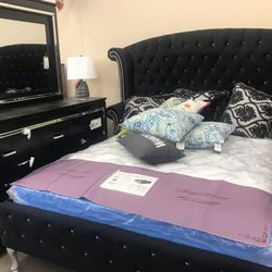 queen upholstered bed  black velvet with rhinestones 