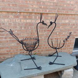 Set Of Two Pieces Art Decor Heavy Duty Wrought Iron Outdoor Patio Figurines Planter Pots Holder Stand Yard Decor 