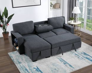 pull-out sofa bed, upholstered in sleek dark grey fabric - Sofa Cama